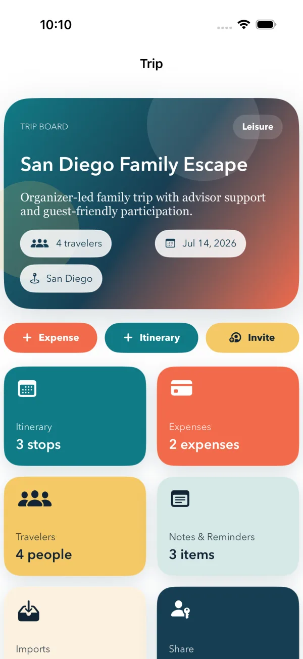 GroupCation trip dashboard on iPhone: postcard header with trip countdown above tiles for itinerary, expenses, travelers, and sharing