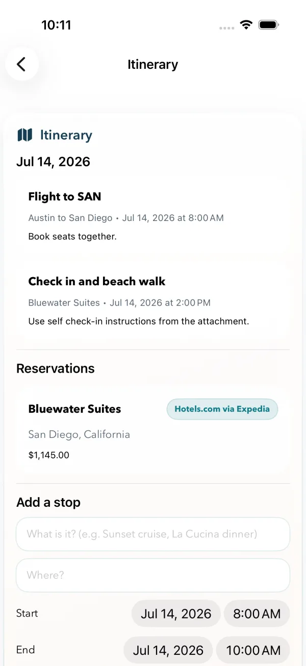 Day-by-day group trip itinerary with reservations and confirmation numbers