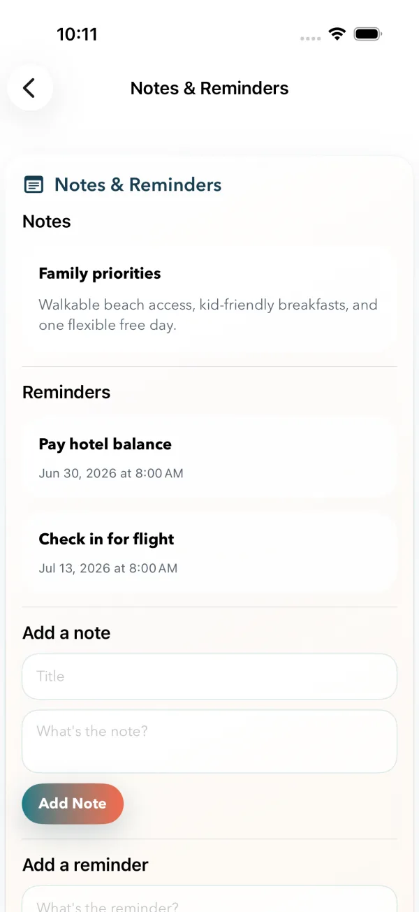 Trip notes and reminders for the group