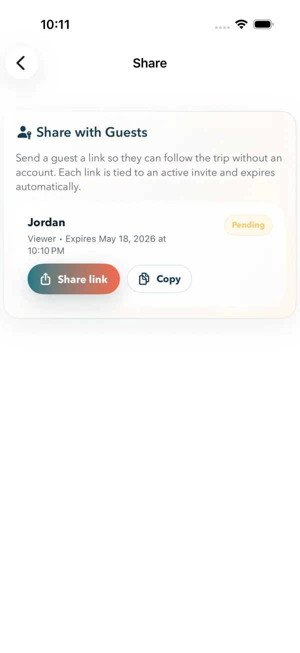Guest link sharing screen — send a read-only itinerary to people without the app